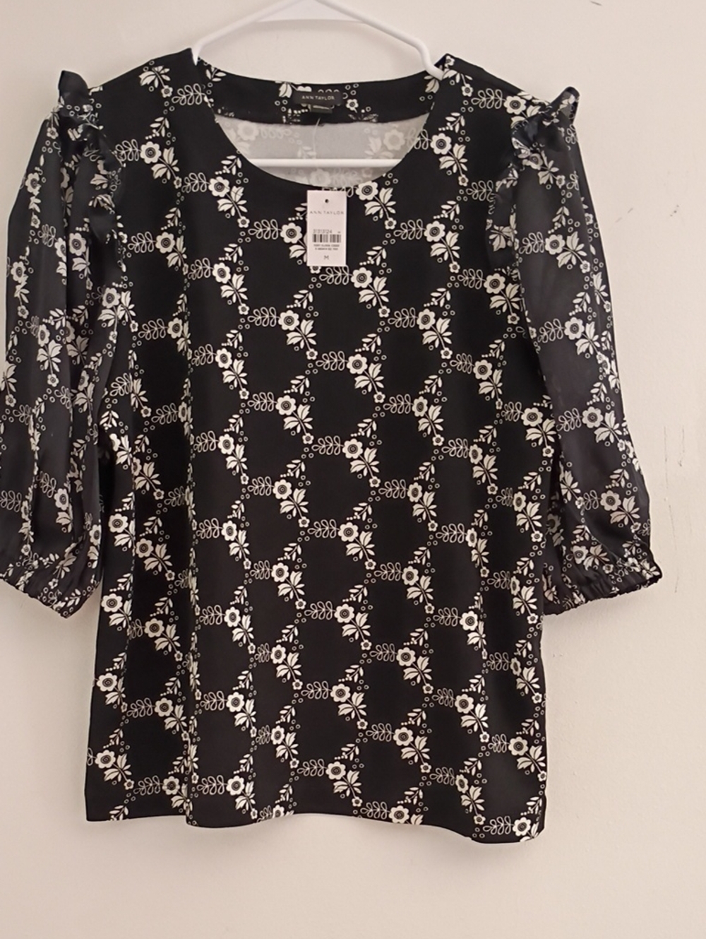 Ann Taylor Black Blouse with White Floral Print